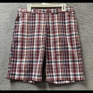 Tommy Hilfiger Shorts Mens 33 Red Blue Plaid Flat Front Bermuda
